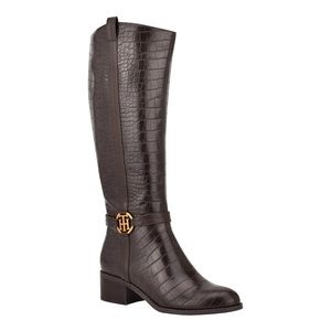 TOMMY HILFIGER Womens Brown Crocodile Diwan Almond Block Heel zip-up Riding Boot
